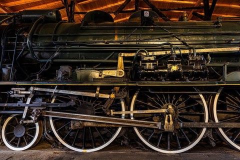Wheelwork of the legendary French locomotive La France, operating number 231.K 22, railway museum,