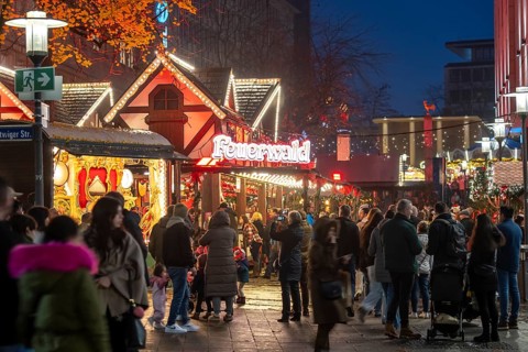 Christmas market in Essen, gastronomy, fire forest, at Essen Cathedral, Kettwiger Straße shopping