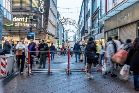 Pedestrian zone in Essen, secured by a mobile anti-terrorist lock, modular, movable barrier against