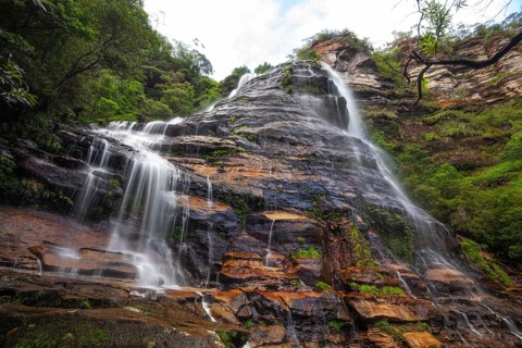 Leura Falls in a lush valley full of ferns and vegetation, Blue Mountains, New South Wales,