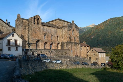 Abbey church building monastery San Pedro de Siresa, Valle de Hecho, Huesca province, Aragon, Spain