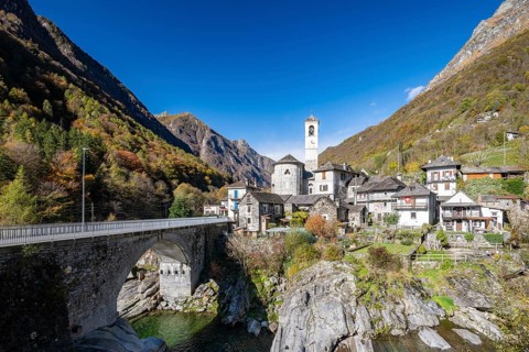 View of town with church, Lavertezzo, Valle Verzasca, Tessin, Switzerland