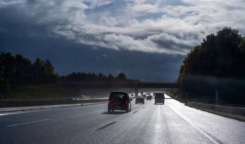 Cars on rain-wet A9 motorway during a thunderstorm, Hof, Upper Franconia, Bavaria, Germany