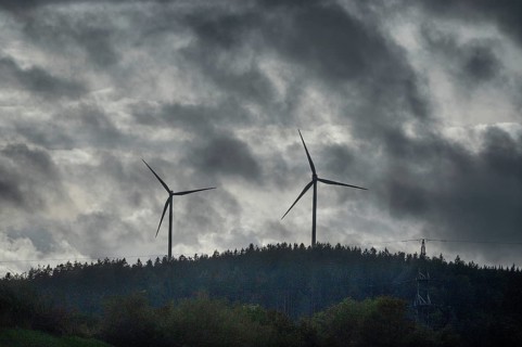 Wind turbines in thunderstorm rain, Bavarian Forest, Bavaria, Germany