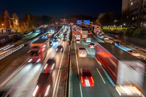 Autobahn A40, Ruhrschnellweg, traffic jams on both roads, at the Ruhrschnellwegstunnel in Essen,