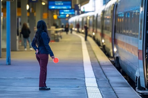 ICE train ready for departure, train staff waiting for the signal to continue, at Essen main
