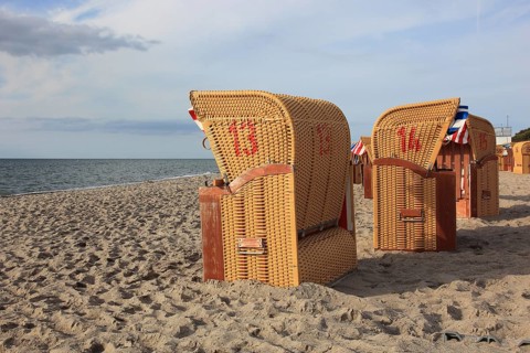 Empty, locked beach chairs on the beach, beach chair, sandy beach, Baltic Sea, Poel island,