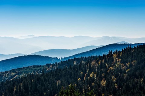 Staggered mountain ranges in haze, at Hohneck, Col de la Schlucht, Vosges, Alsace-Lorraine, Vosges