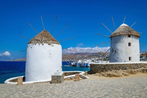 Mykonos, Cyclades, Greece - The six sixteenth-century windmills, lined up on a hill above Mykonos