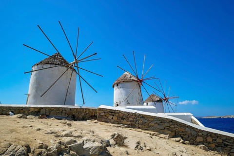 Mykonos, Cyclades, Greece - The six sixteenth-century windmills, lined up on a hill above Mykonos
