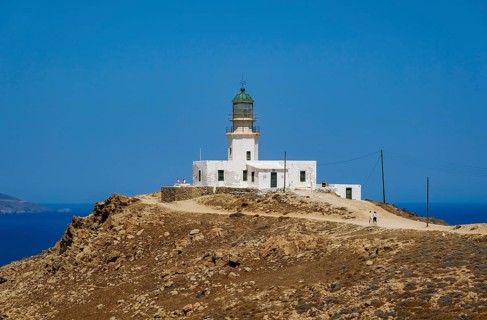 Mykonos, Cyclades, Greece - The Armenistis lighthouse in the north of the island is a landmark and