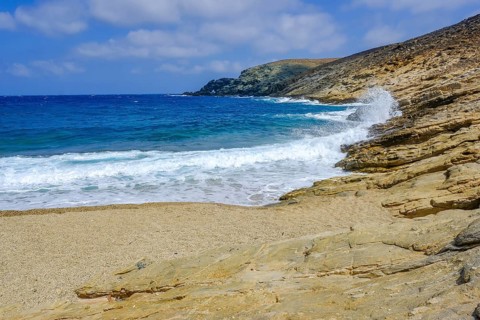 Mykonos, Cyclades, Greece - Fokos Beach, small settlement with sandy beach in the north of the