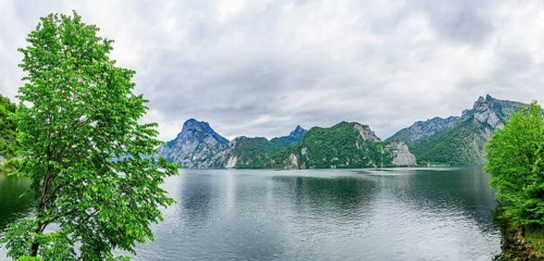 Landscape of Lake Traunsee on a rainy day in spring, Traunstein summit, Traunkirchen,