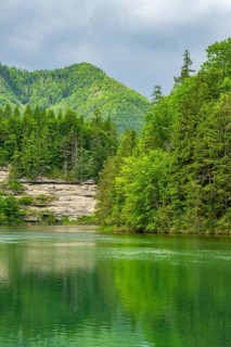 Landscape of Lake Elisabethsee on a rainy day in spring, Austria