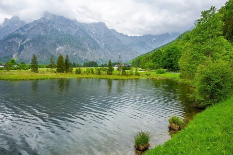 Landscape of Lake Almsee on a rainy day in spring, Salzkammergut, Austria