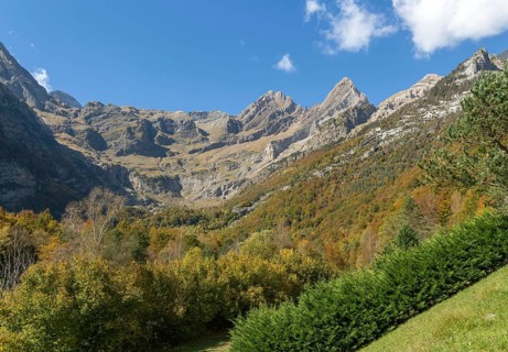 Mountain landscape view Ordesa y Monte Perdido National Park, Bielsa parador, Huesca province,