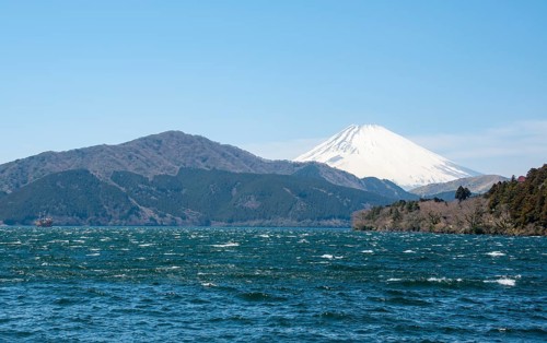 View of Lake Ashi with Mount Fuji volcano, Hakone, Japan