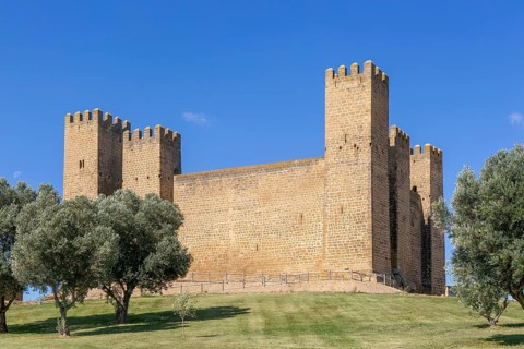 Historic walls and towers of Castillo de Sádaba, Sadaba castle, Zaragoza province, Aragon, Spain