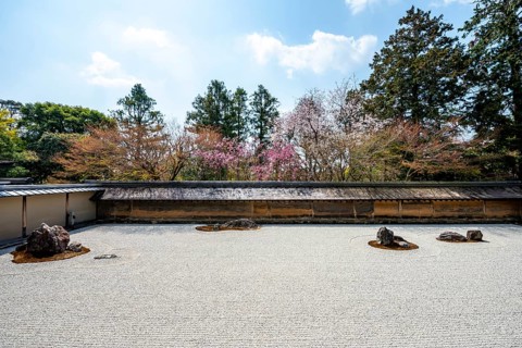 Kare-san-sui Japanese rock garden, Hojo Teien in Ryoan-ji, Zen Buddhist temple complex, in spring,