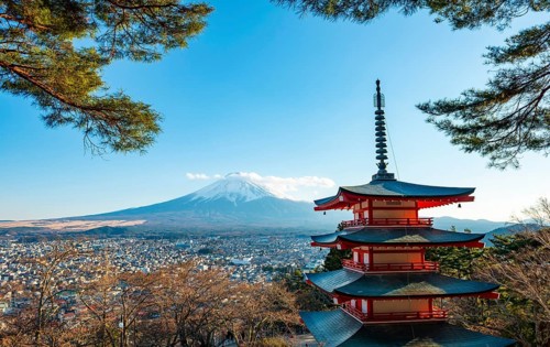 Five-story pagoda of a Shinto Shrine, Chureito Pagoda, with views of Fujiyoshida City and Mount