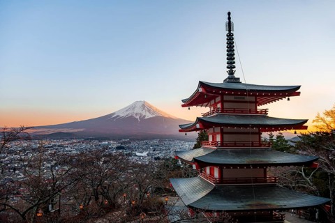 Five-story pagoda of a Shinto Shrine, Chureito Pagoda, with views of Fujiyoshida City and Mount