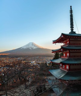 Five-story pagoda of a Shinto Shrine, Chureito Pagoda, with views of Fujiyoshida City and Mount