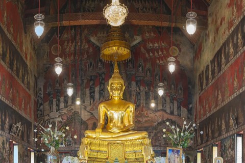 Golden Buddha statue with Bhumispara mudra, Buddha Gautama at the moment of enlightenment,