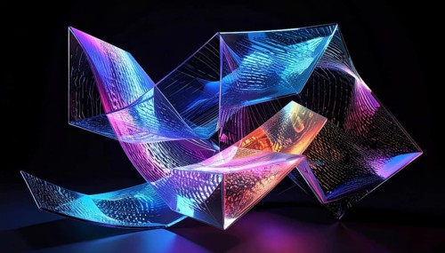 Abstract animation, glass cubes on black background, modern business wallpaper illustration, AI