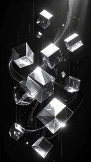 Abstract animation, glass cubes on black background, modern business wallpaper illustration, AI