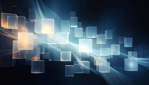 Abstract animation, glass cubes on black background, modern business wallpaper illustration, AI