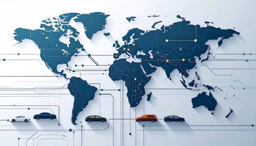 Abstract visualization of global rare earth supply network feeding EV industry, world map design,