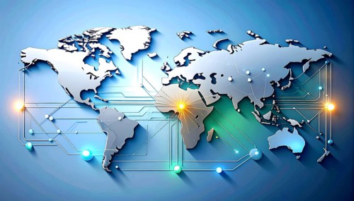 Abstract visualization of global rare earth supply network feeding EV industry, world map design,