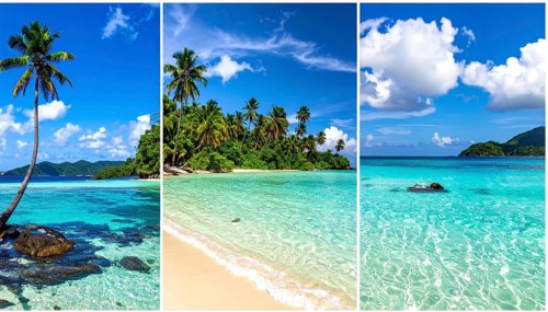 Collage of tropical islands with beach and palm trees, paradise with blue cloudy sky, turquoise