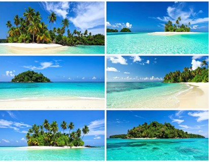 Collage of tropical islands with beach and palm trees, paradise with blue cloudy sky, turquoise