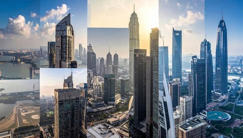Collage of skyscrapers of a metropolitan city, various skylines with different blue sky in sunset,