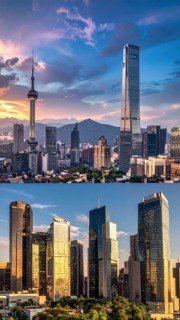 Collage of skyscrapers of a metropolitan city, various skylines with different blue sky in sunset,
