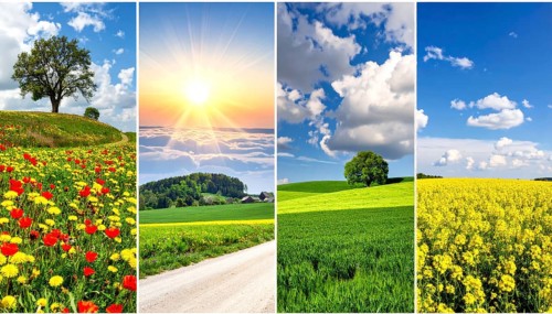 Collage of spring and summer landscapes, blooming flowers, green meadows and trees, hilly landscape