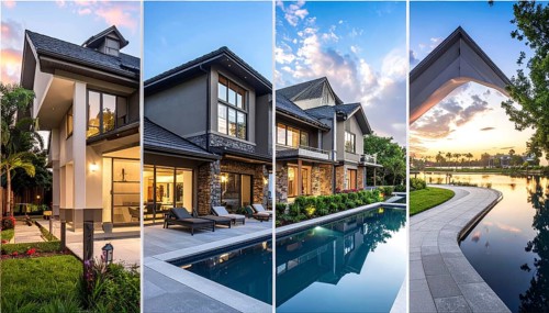 Collage of real estate residential building, modern architecture style, surrounded by green garden,