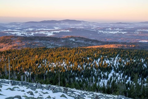 View from Mount Lusen over the hills of the bavarian forest at sunrise in winter, Bavaria, Germany