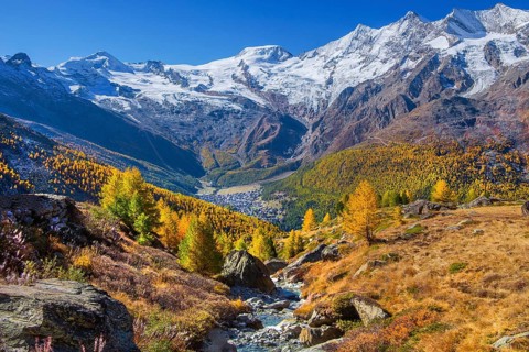 View from Kreuzboden to Saas-Fee with Alalin 4027m, Alphubel 4206m and Mischabel Group 4545m in