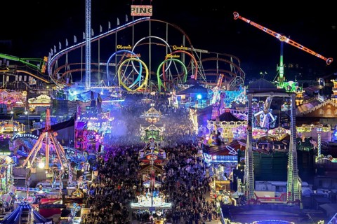 View of Oktoberfest from St. Paul's Catholic Church, Blue Hour, Munich, Bavaria, Germany