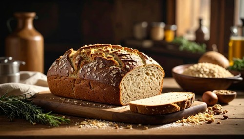 Rustic loaf of whole grain bread, fresh baked, close up of bread on dark wooden table, golden rust,