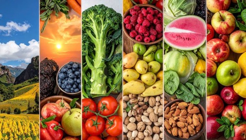 Food collage of various biological and organic fruits and vegetables, fresh healthy lifestyle, with