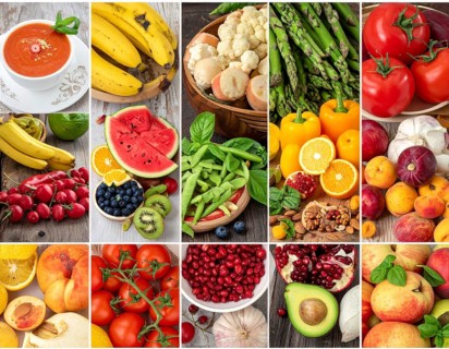 Food collage of various biological and organic fruits and vegetables, fresh healthy lifestyle, with