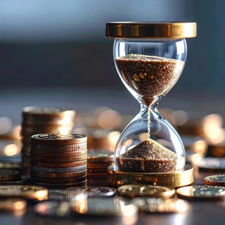 Hourglass and stacked golden coins, illustrating currency fluctuation and time impact commodities