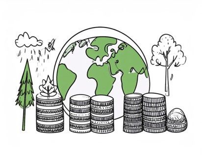 Green earth globe with silver coin stack symbolizing global finance economy and sustainable growth,