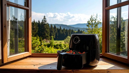 Air fryer with grilled vegetables, wooden table in the kitchen, healthy eating, healthy vegetarian