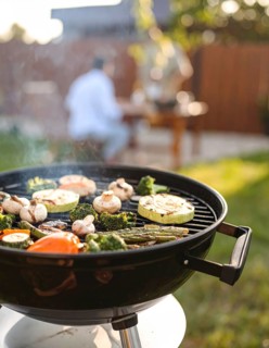 Cooking vegetables on grill outdoors, healthy lifestyle with healthy food, close up of grill with