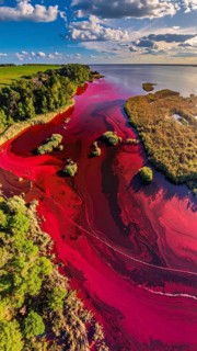 Red algae plant on the lake. abstract ecology nature concept, wild landscape with vibrant red