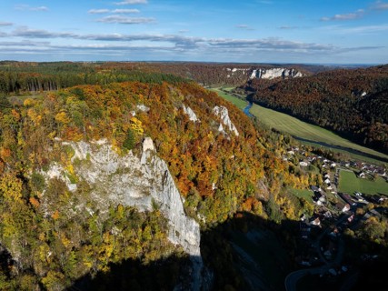 Aerial view of the viewpoint, shovels and Hausen Castle, also known as the Hausen ruins, surrounded
